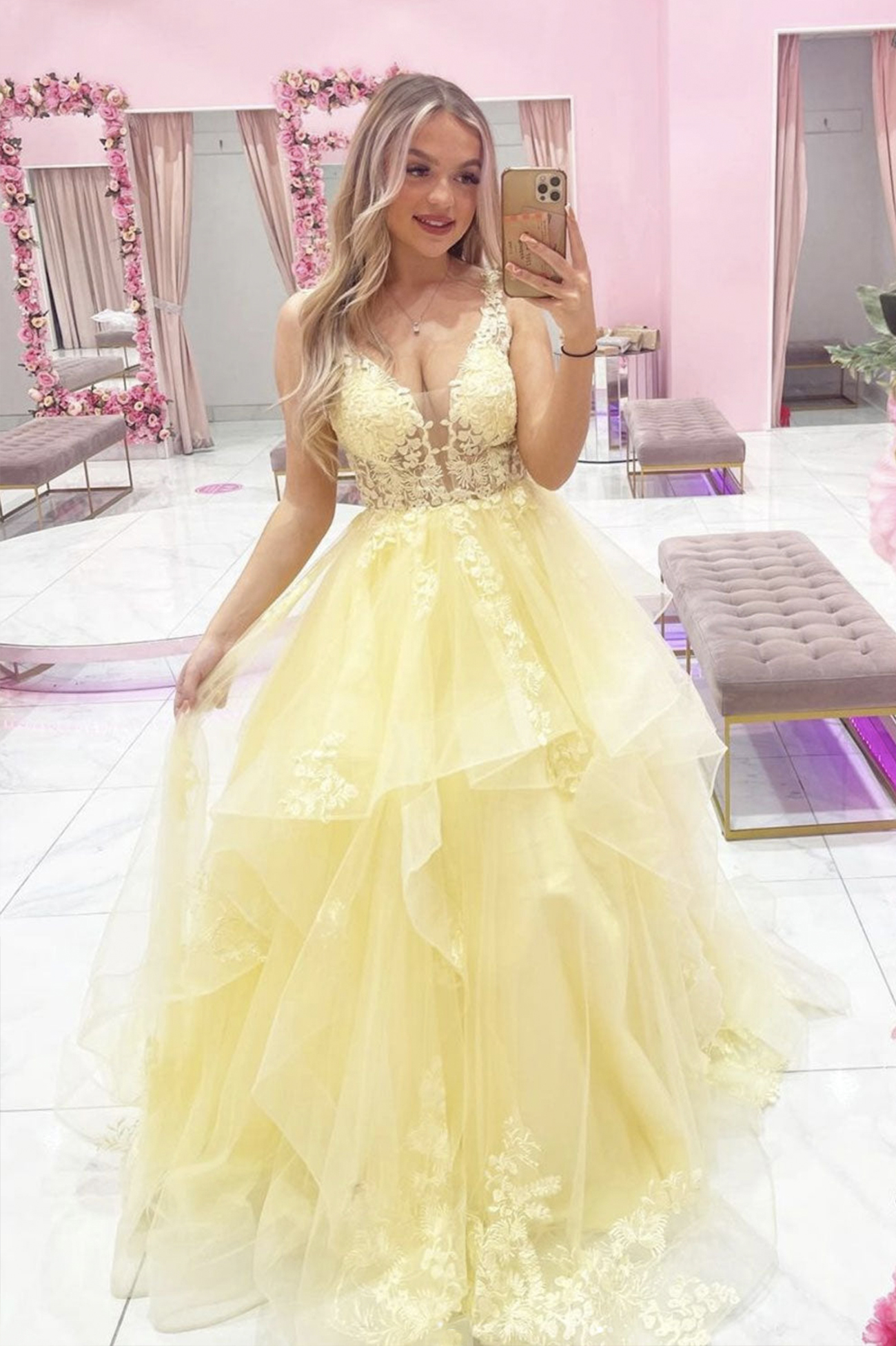 Yellow tulle lace long prom dress A line evening dress