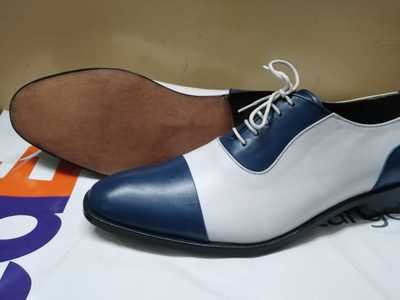 Best Hand Stitch Blue And White Contrast Cap Toe Style Shoes, Men's Genuine Leather Lace Up Shoes