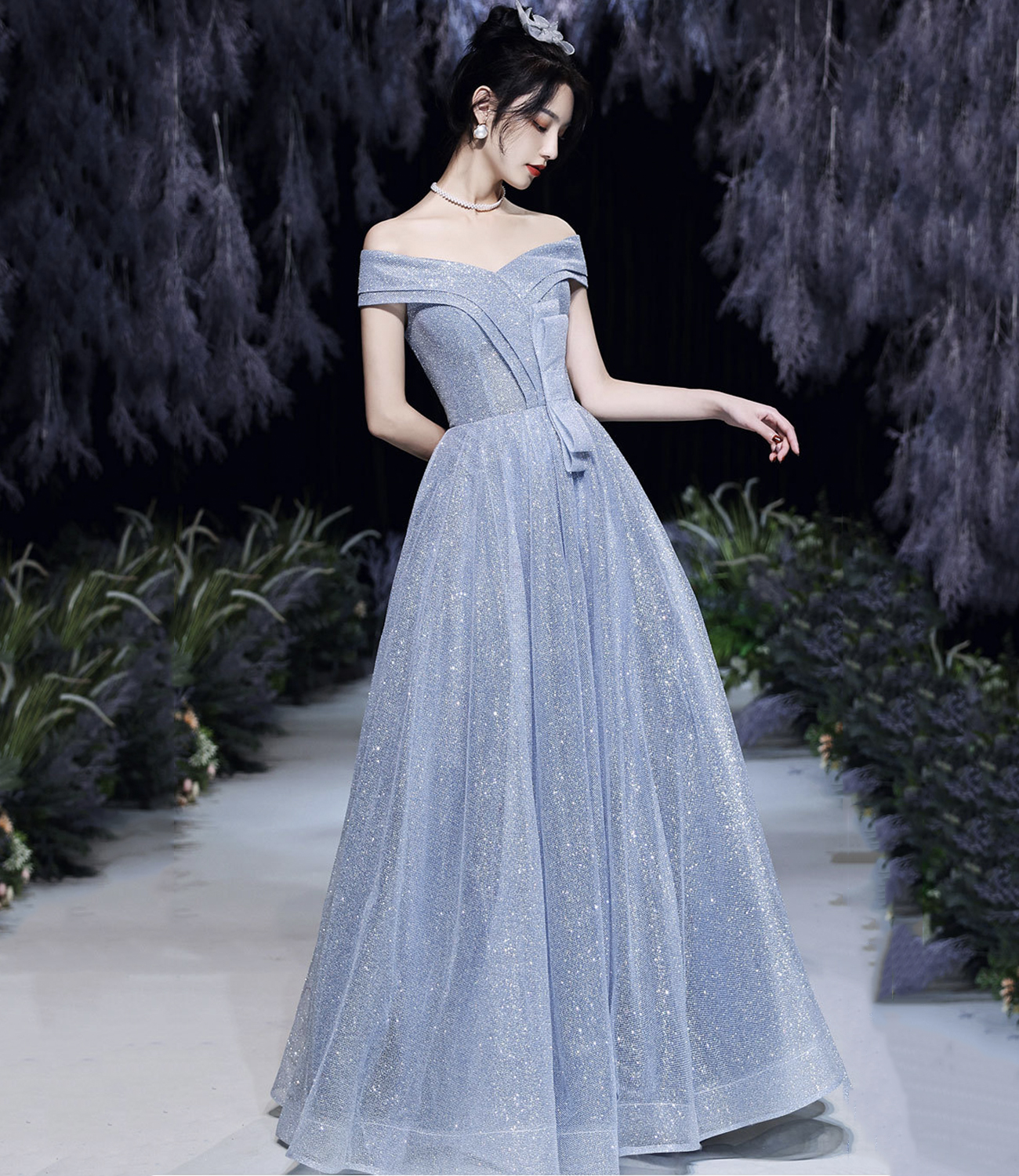 Blue tulle sequins long prom dress blue evening dress