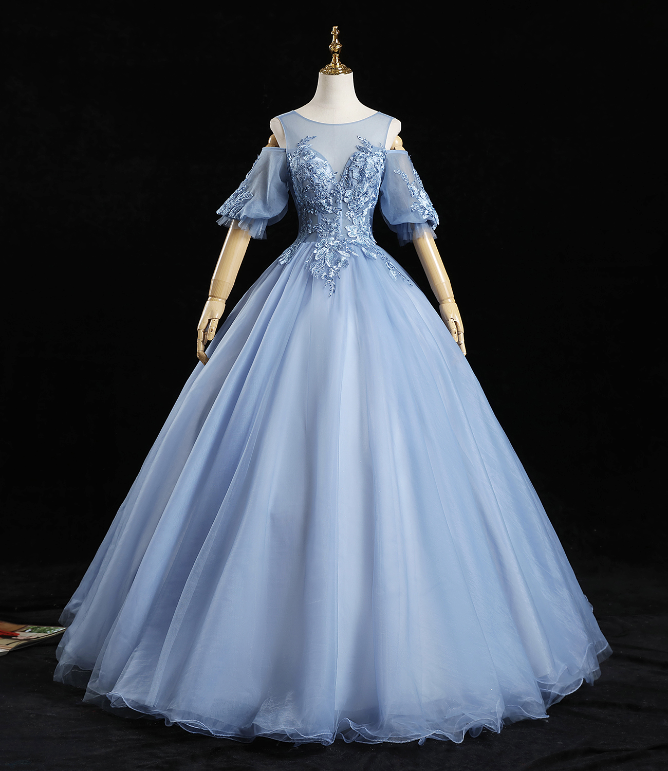 Blue tulle lace long prom dress A line evening dress