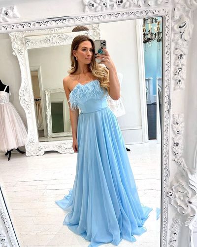 Cute A Line Strapless Light Blue Chiffon Long Prom Dresses with Ostrich