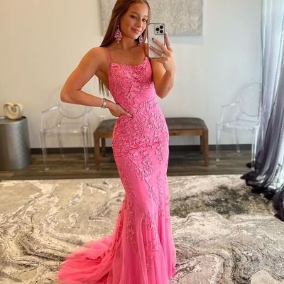 Fashion hot pink mermaid scoop neck straps lace prom dress - Thumbnail 2