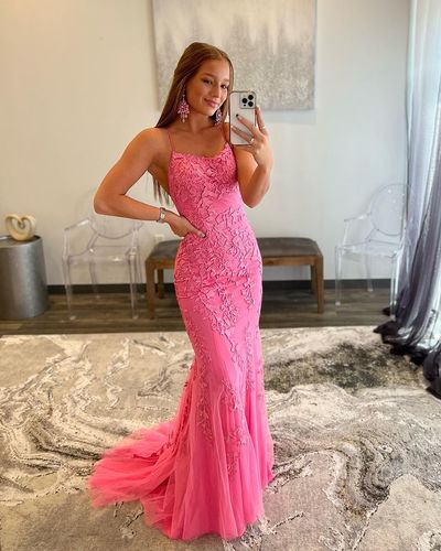 Fashion Hot Pink Mermaid Scoop Neck Straps Lace Prom Dress