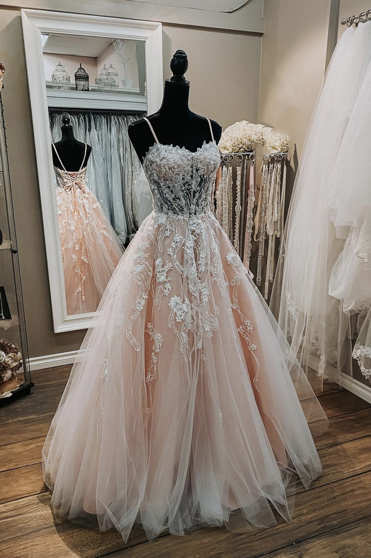 Pink tulle lace long prom dress pink evening gown