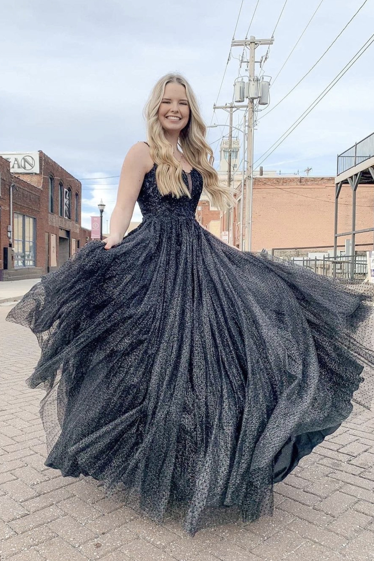 Black tulle sequins long prom dress black evening dress