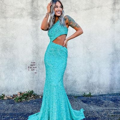 Unique mermaid one shoulder green sequins long prom dresses - Thumbnail 3