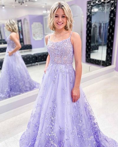 Cute A Line Scoop Neck Lavender Prom Dress with Appliques