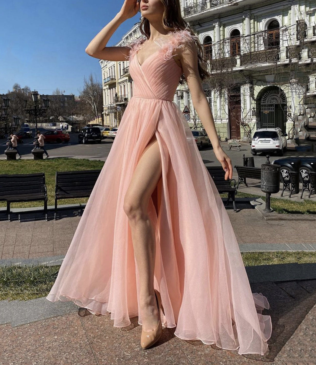 Pink v neck tulle long prom dress pink evening dress