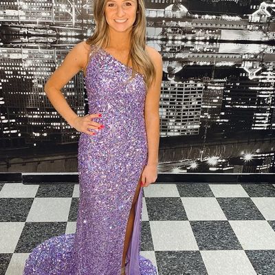 Chic mermaid one shoulder lavender sequins long prom dress with slit - Thumbnail 2
