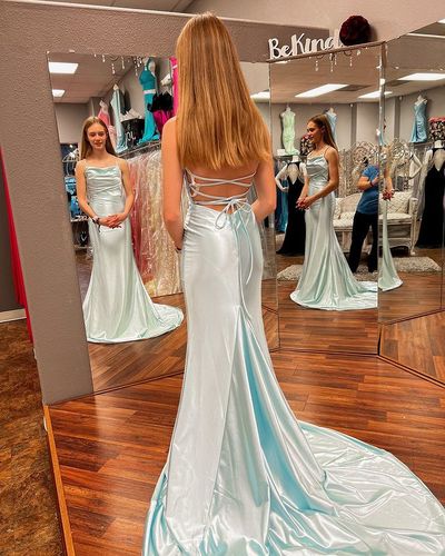 Cute Mermaid Cowl Neck Mint Silk Satin Long Prom Dress