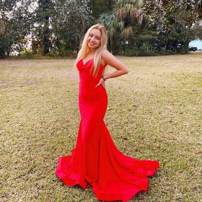 Charming mermaid v neck elastic satin long red prom dress - Thumbnail 4