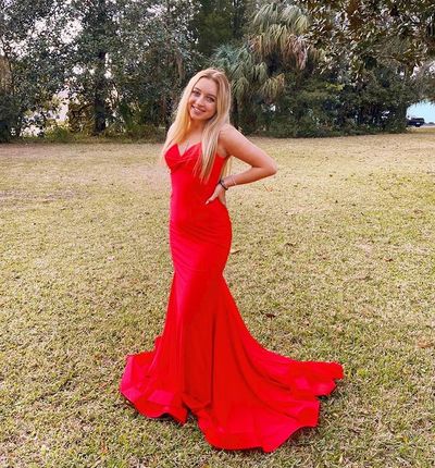 Charming Mermaid V Neck Elastic Satin Long Red Prom Dress