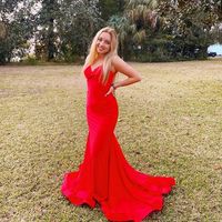 Charming Mermaid V Neck Elastic Satin Long Red Prom Dress - Thumbnail 1
