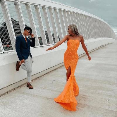 Stunning mermaid spaghetti straps orange sequins long prom dresses with side slit - Thumbnail 2