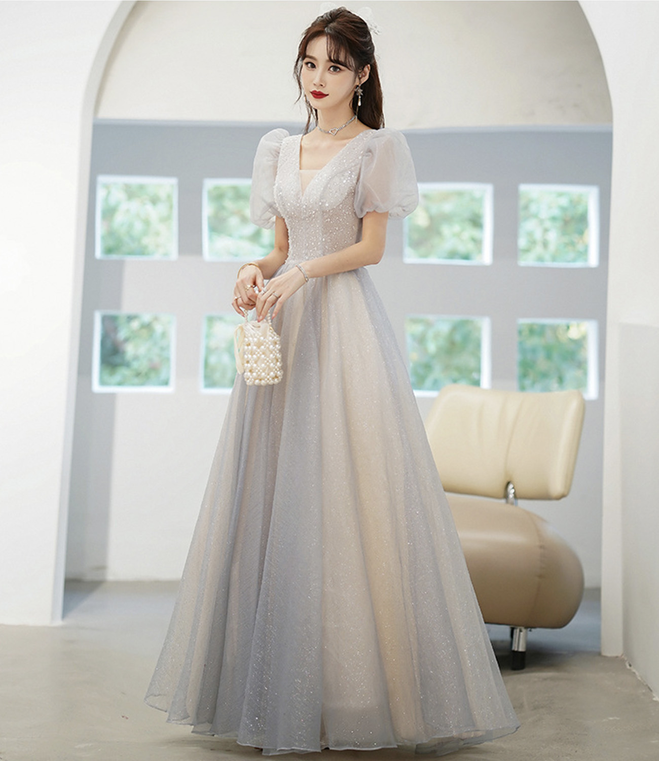 Gray tulle beads long prom dress A line evening gown