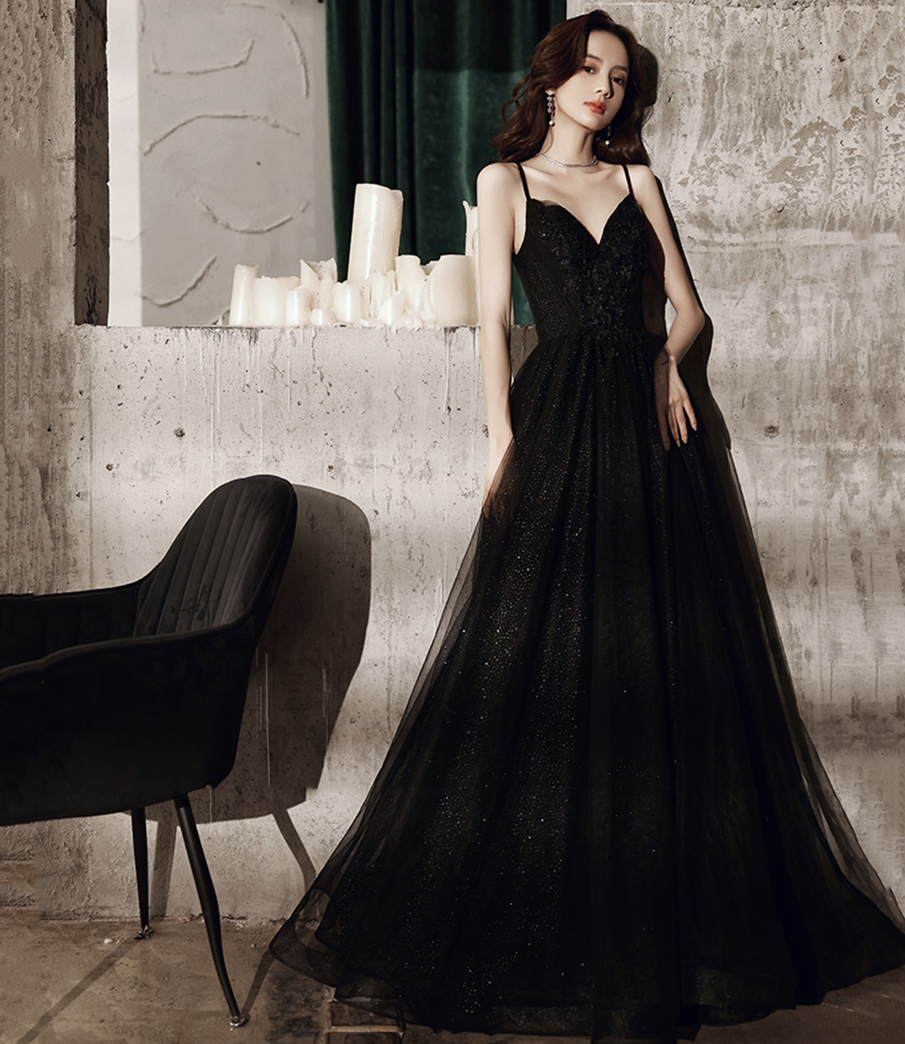 Black v neck tulle long prom dress A line evening dress