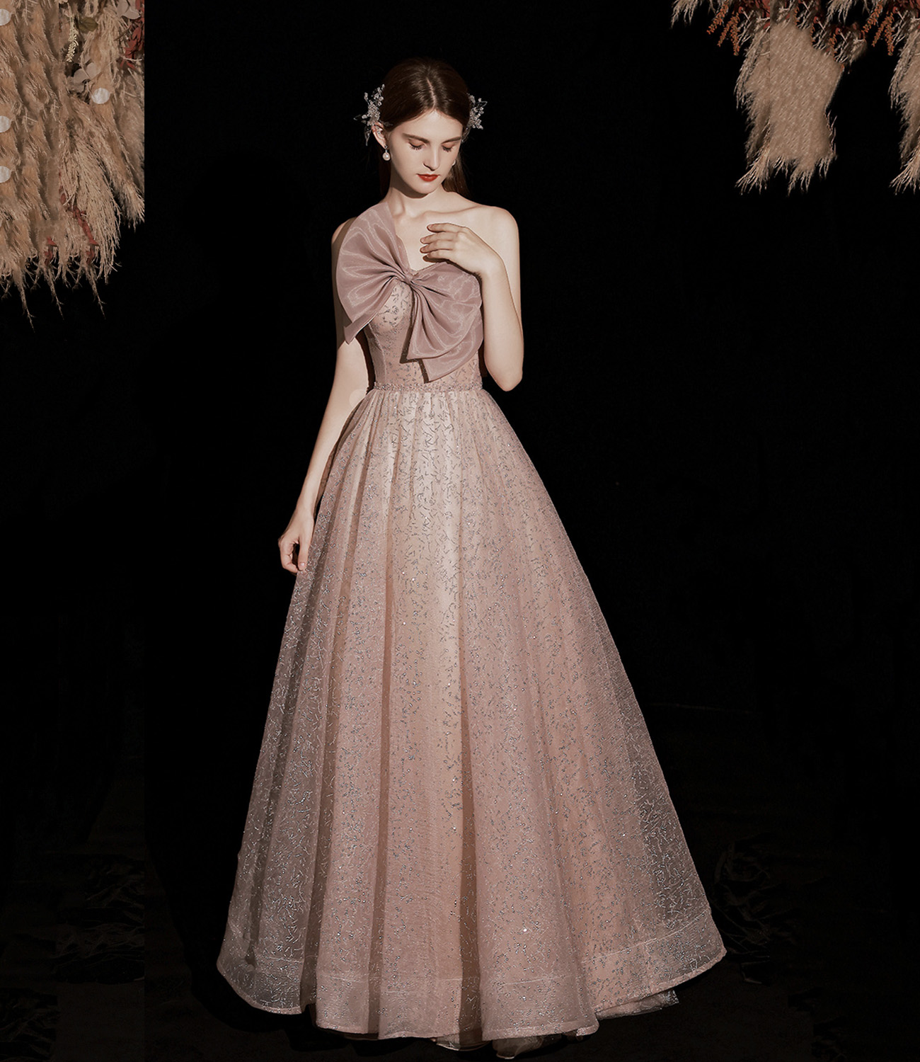 Pink tulle sequins long prom dress pink evening dress