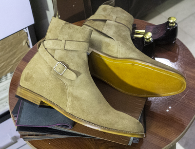 Men's Beige Jodhpurs Suede Leather Boots Buckle Boots Ankle Boots, Buckle Leather Boots