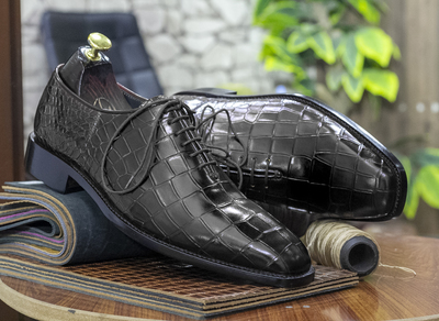 Handmade Whole Cut Alligator Shoes, Black Oxfords Men Dress Alligator Shoes