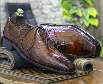 Handmade Whole Cut Alligator Shoes, Brown Tan Oxfords Men Dress Alligator Shoes