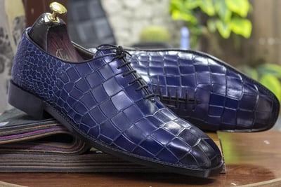 Handmade Whole Cut Alligator Shoes, Blue Oxfords Men Dress Alligator Shoes