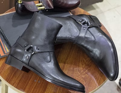 Men's Black Harness Leather Ankle Boots, Men Ankle High Leather Boots