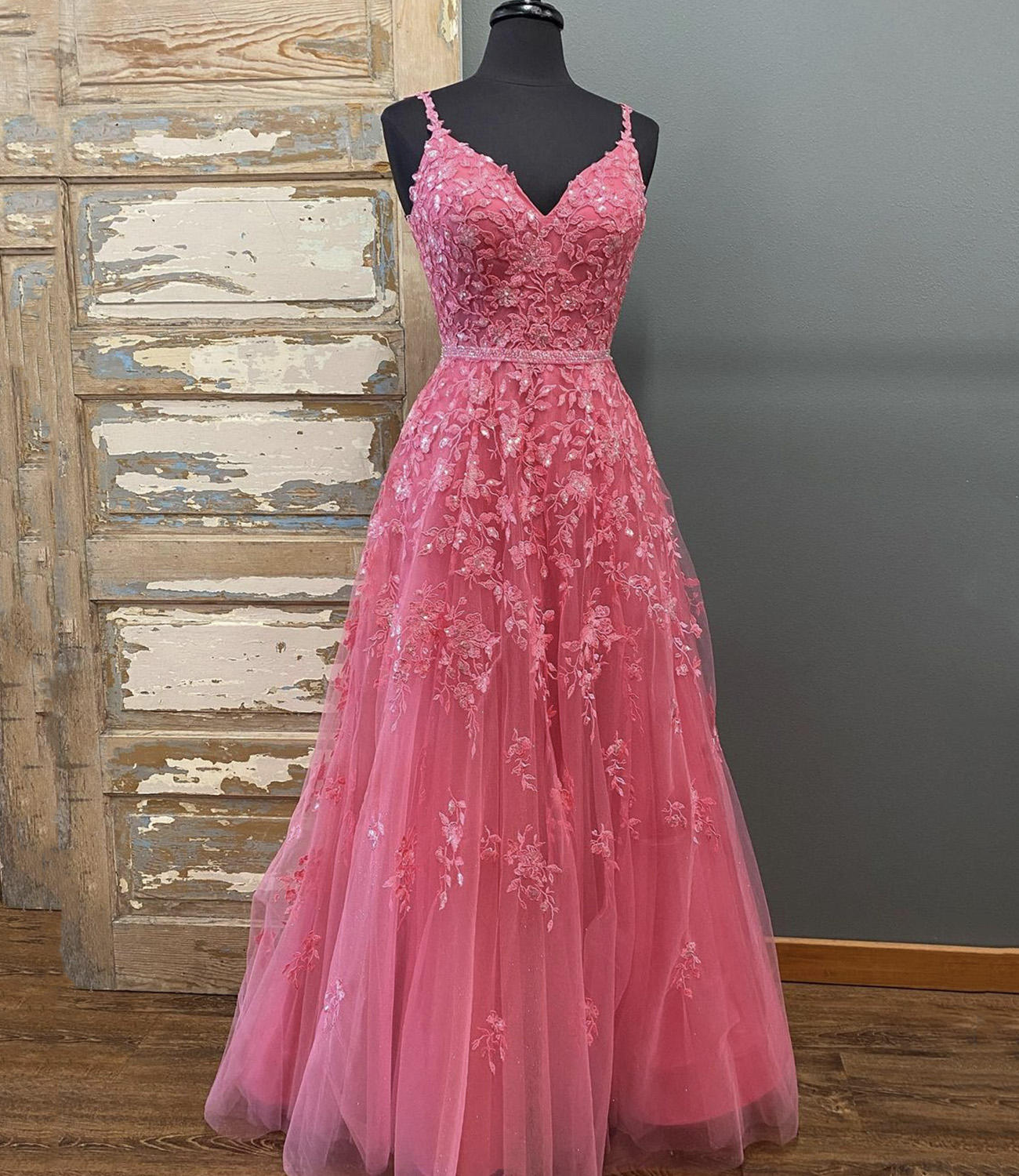 Pink lace sequins long prom dress pink evening dress