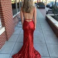 Charming Memraid V Neck Red Sequins Long Prom Dress with Slit - Thumbnail 1
