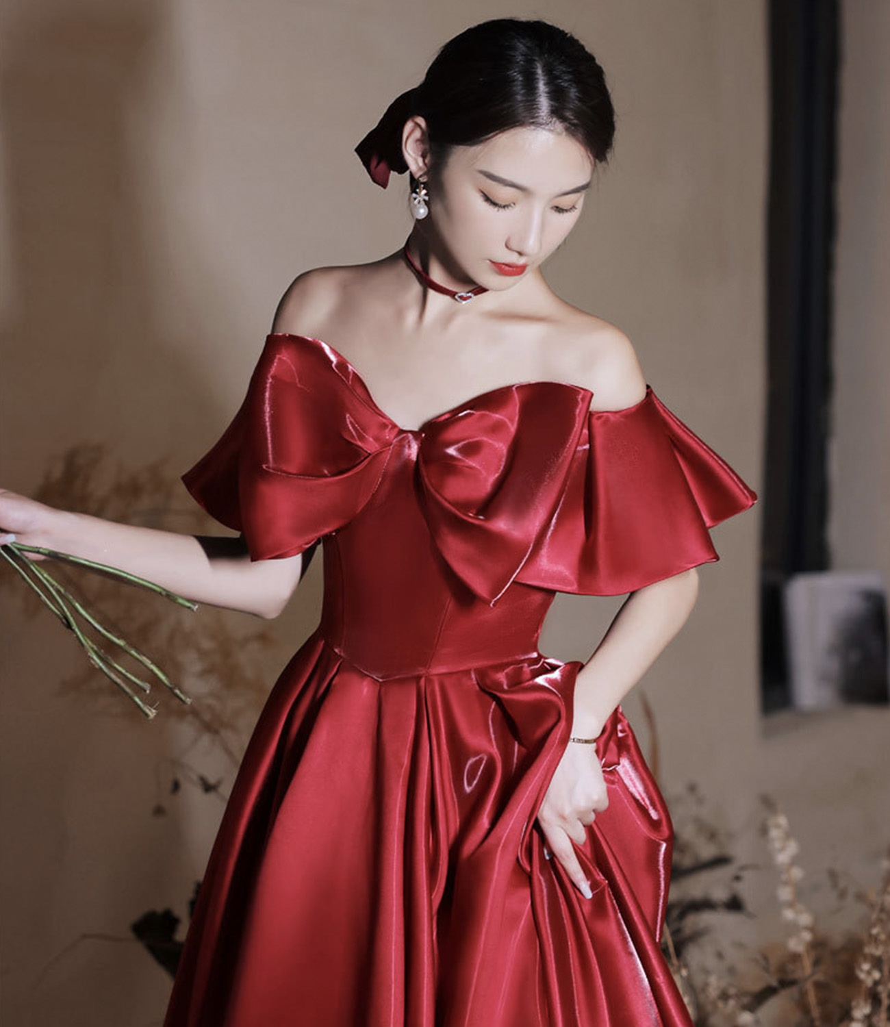 Red satin long prom dress A line evening dress