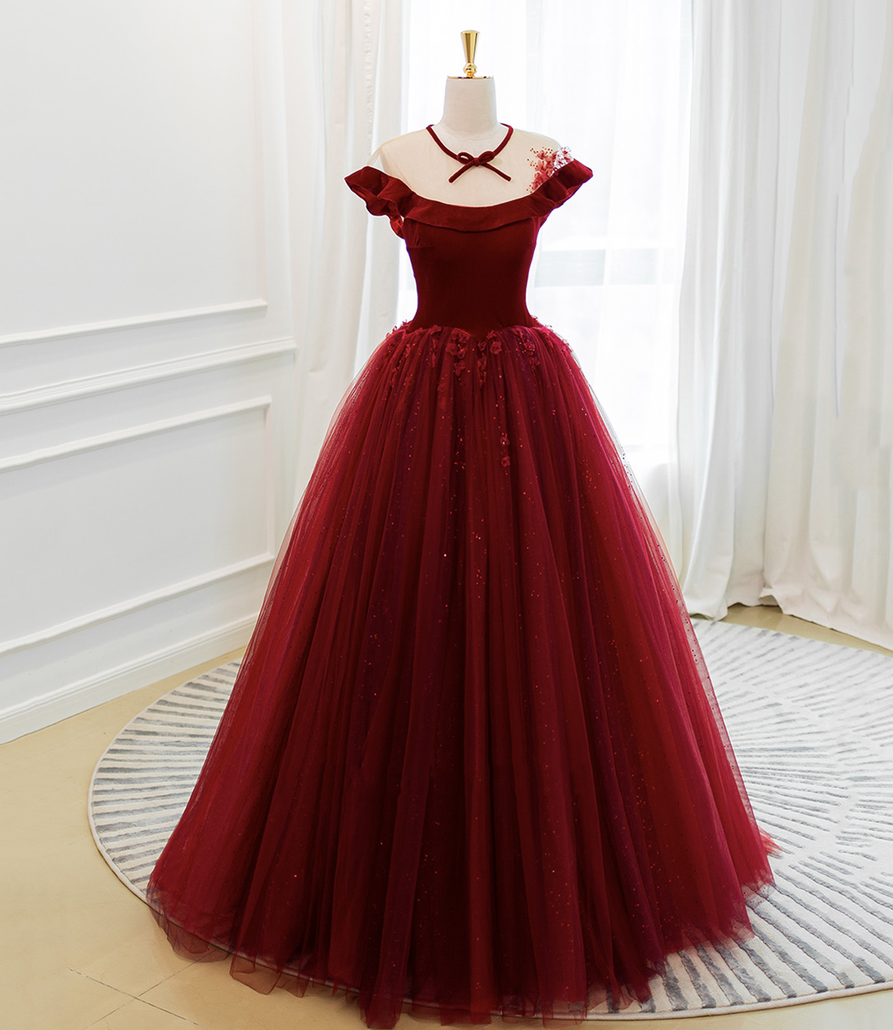 Burgundy velvet tulle long prom dress A line evening gown