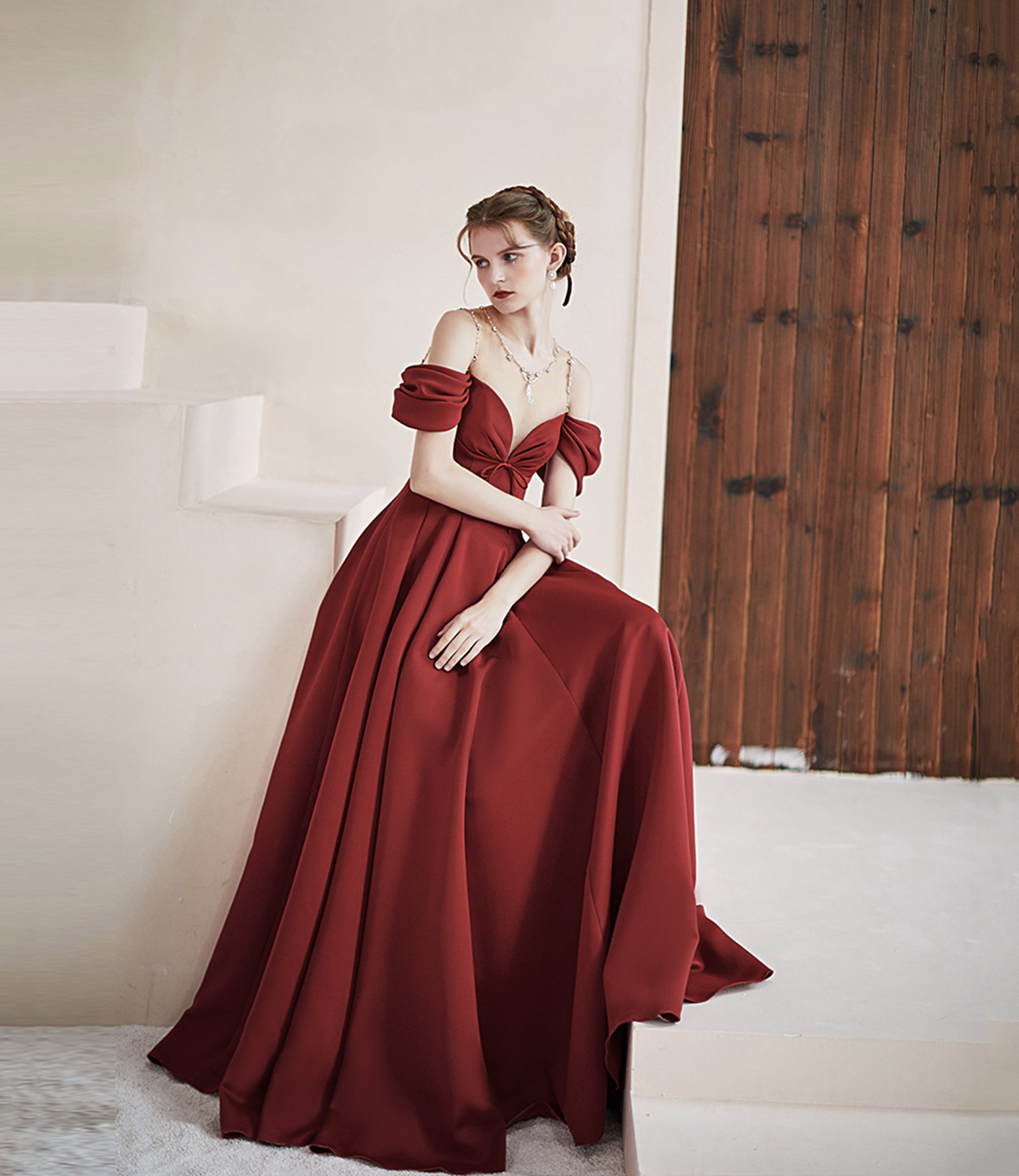 Burgundy satin long prom dress A line evening dress