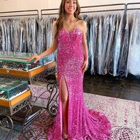Stunning Sparkly Sweetheart Pink Sequins Long Prom Dress with Slit - Thumbnail 1