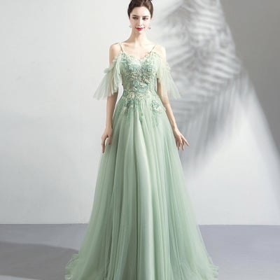 Green tulle lace long prom dress a line evening dress - Thumbnail 4