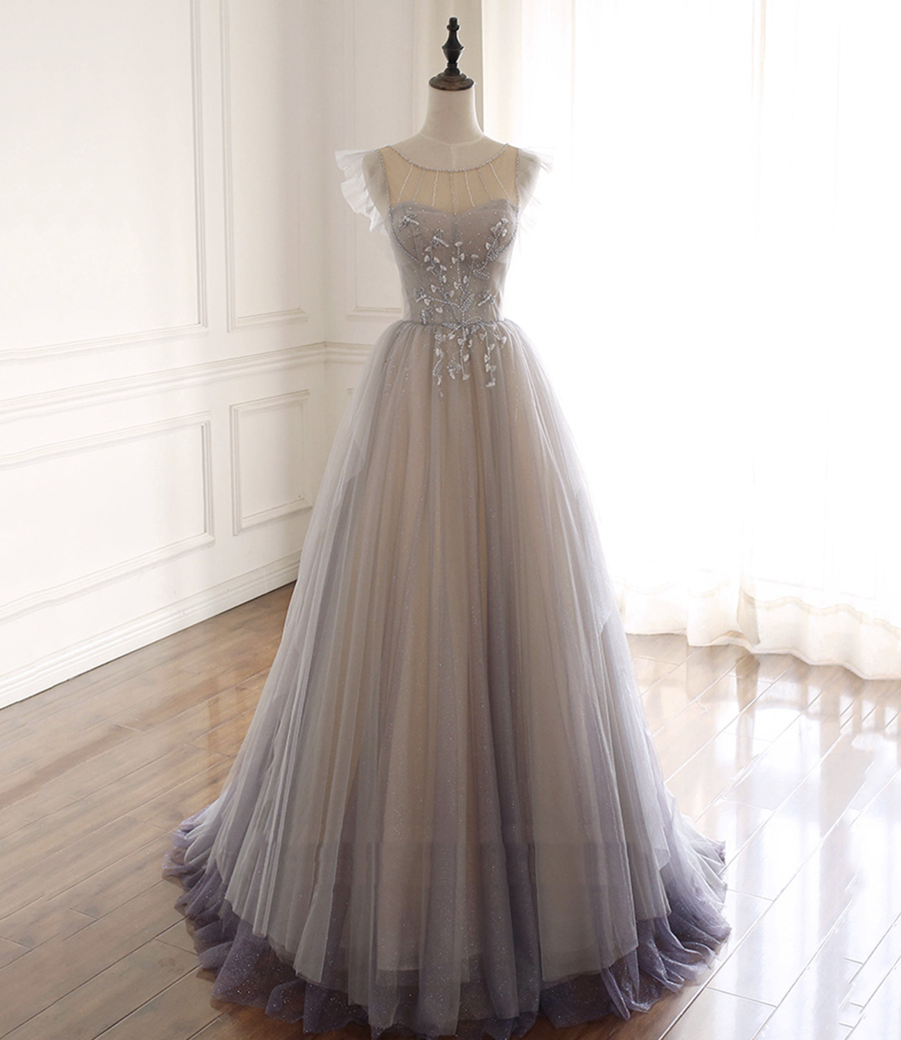 Cute tulle beads long prom dress A line evening dress