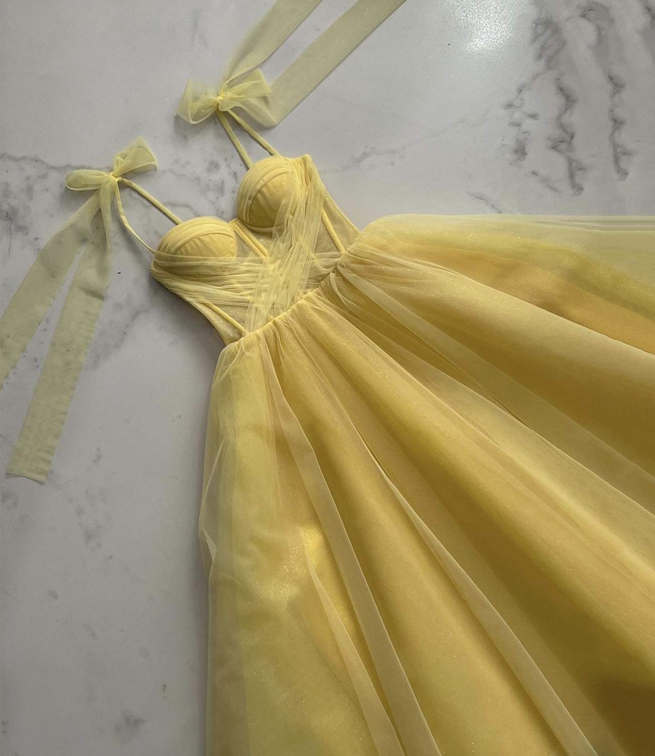Yellow tulle long prom dress A line evening dress