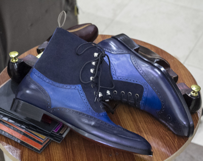 New Handmade Navy Boots, Two Tone Leather Boots, Dress Leather Boots