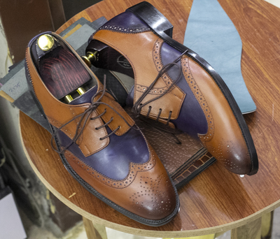 Handmade Blue Brown Wing Tip Shoes, Oxfords Men Dress Shoes