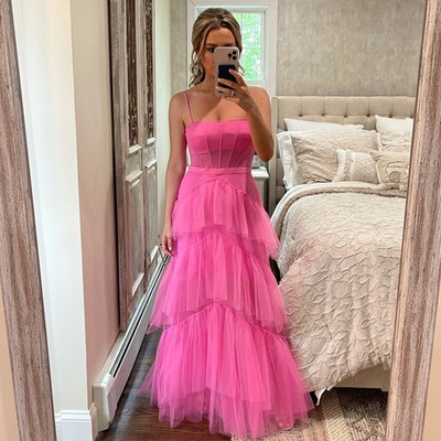 Fairy Pink Tiered Tulle Prom Dresses with Straps