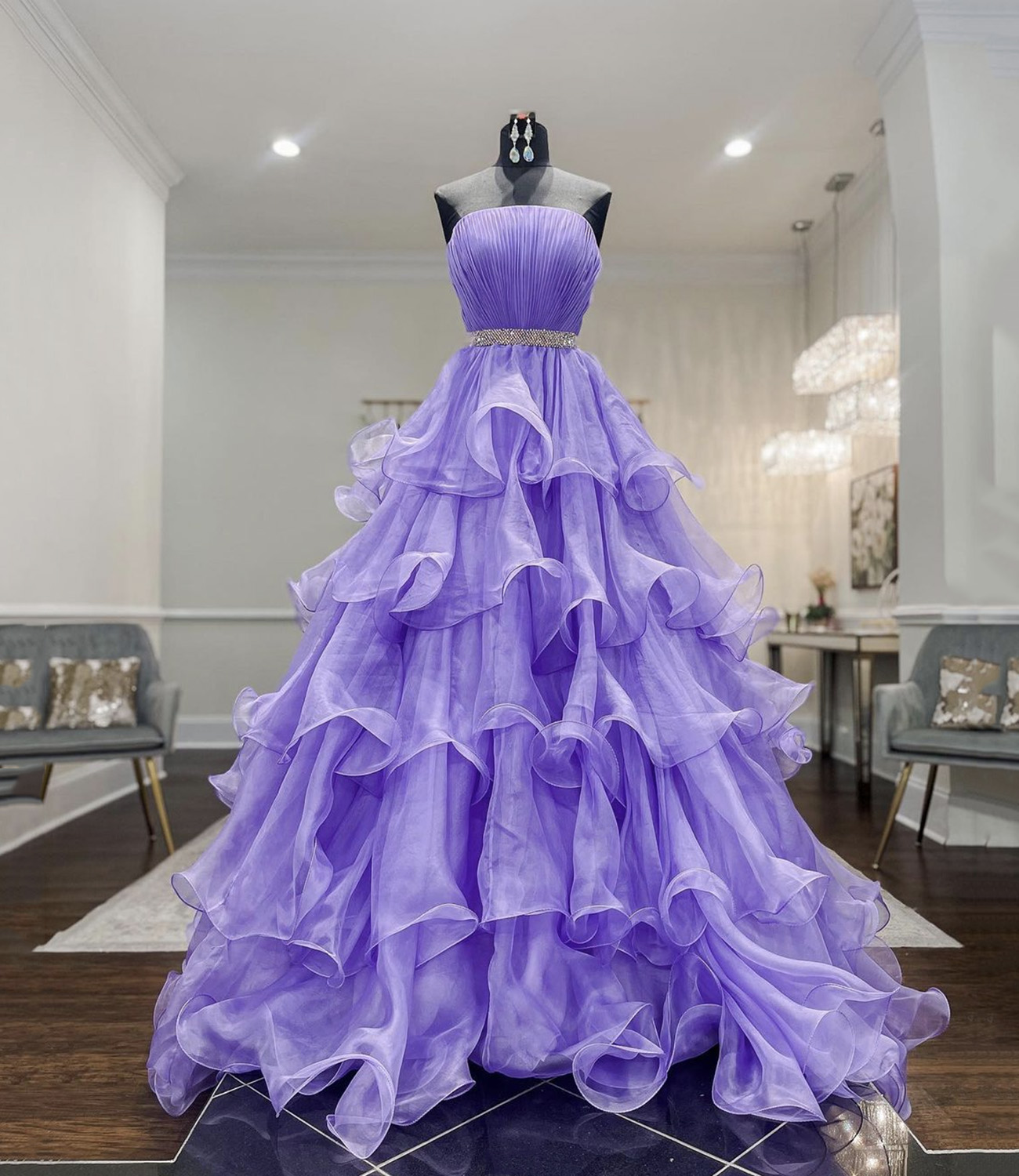Purple tulle long prom dress A line evening gown
