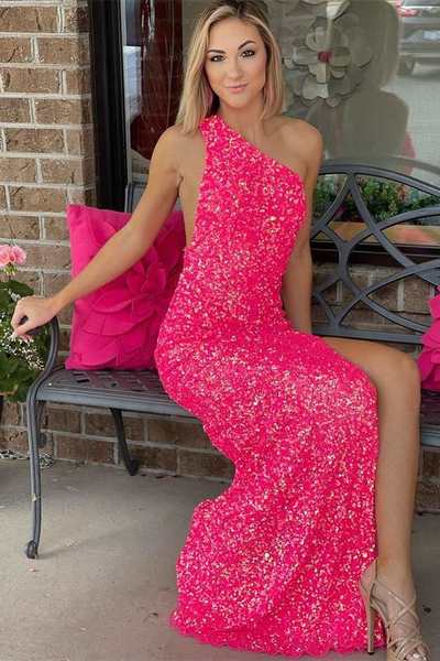 Sparkly One Shoulder Mermaid Pink Long Prom Dress