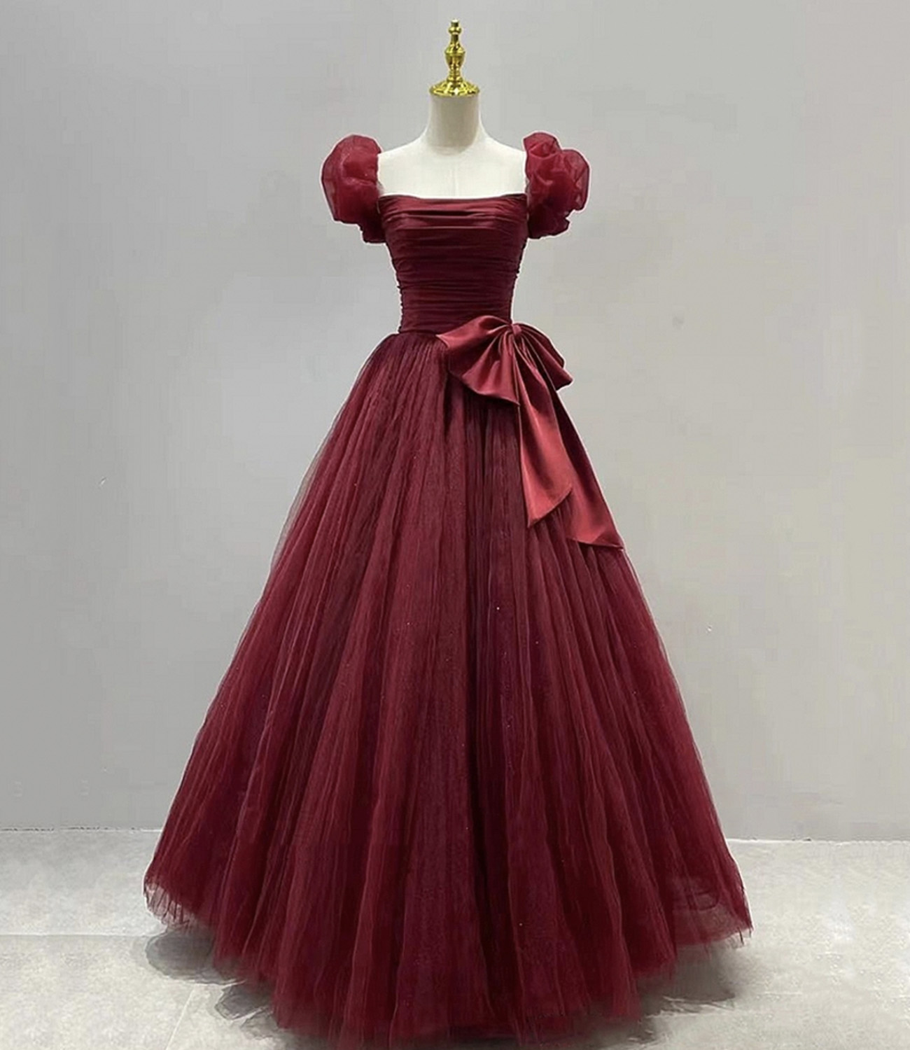 Burgundy Tulle Long Prom Gown A Line Formal Dress