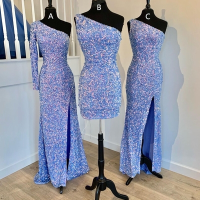 Cute sheath one shoulder light blue sequins prom dress with slit - Thumbnail 3