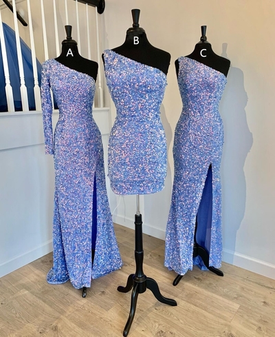 Cute Sheath One Shoulder Light Blue Sequins Prom Dress with Slit