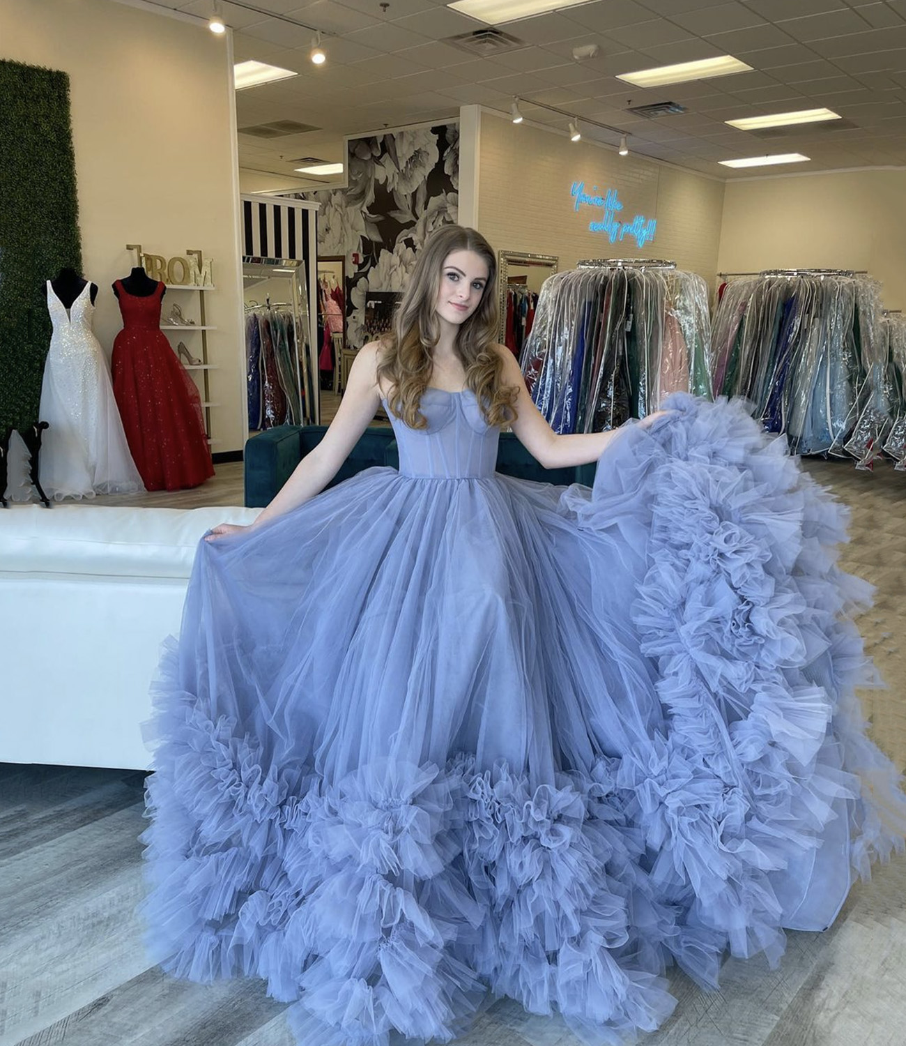 Blue tulle long ball gown dress blue formal dress