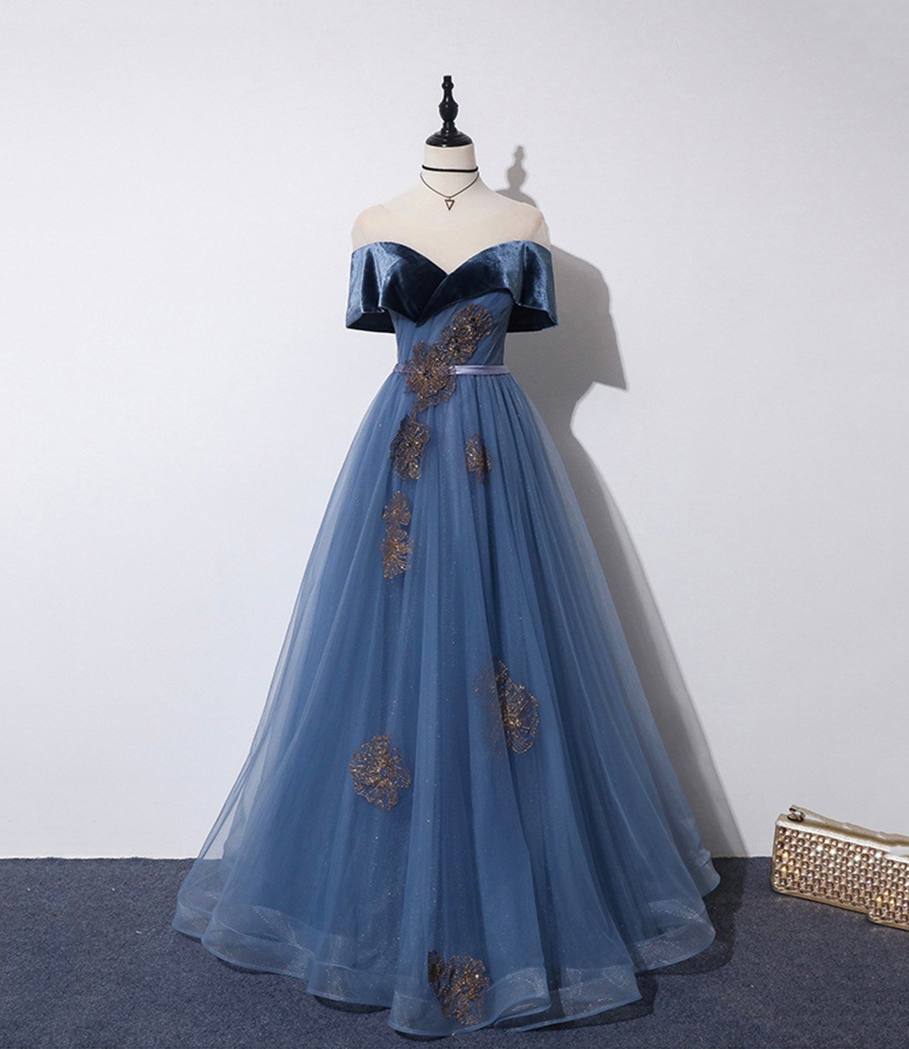 Blue veleet tulle long prom dress A line evening dress