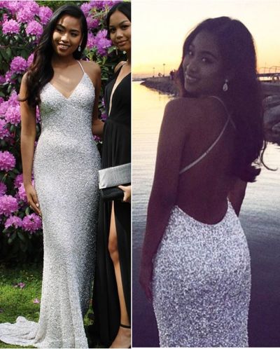 SP1578,Ivory Sequin V-Neck Mermaid Prom Evening Dress With Criss-Cross Straps