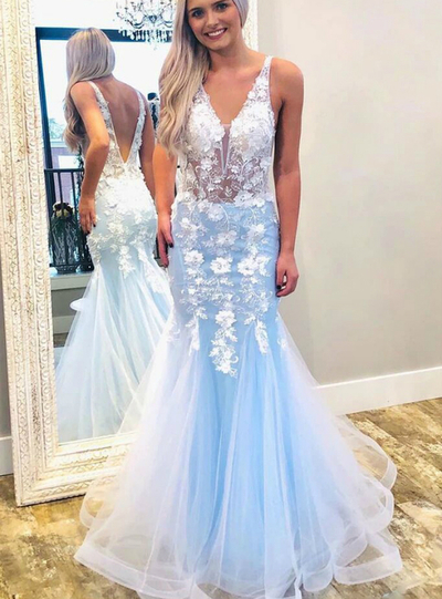 SP1577,Sky Blue Mermaid V Neck Prom Dresses With Lace Appliques
