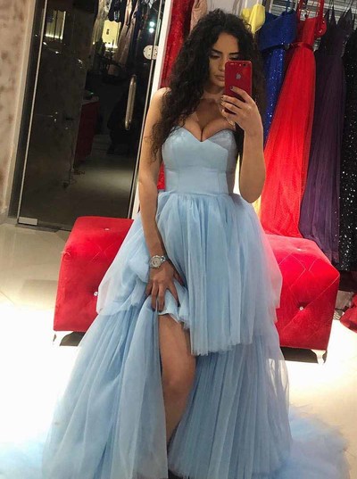 SP1649,Sweetheart Hi-Lo Tulle Blue Long Prom Dresses With Train