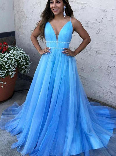 SP1589,V-Neck Blue Long Prom Dresses Tulle Formal Dress with Beading