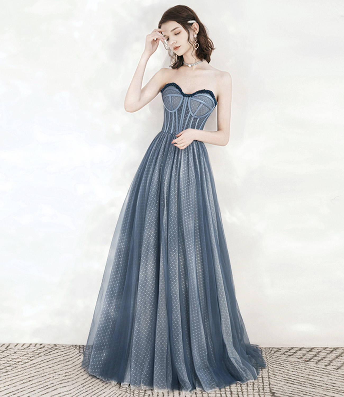 Blue tulle beads long prom dress A line evening dress